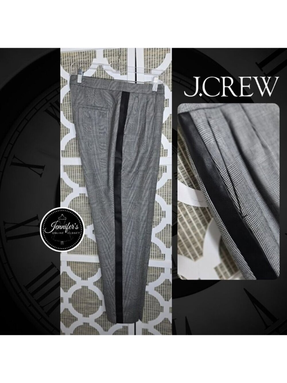 J. Crew Women's Gray & Black Martie Plaid Faux Leather Tux Stripe Pants Size 10